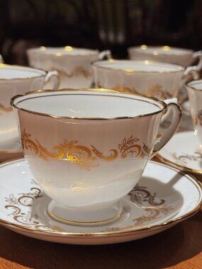 Vintage Royal Cauldon Gold Scroll Footed Teacup Saucer Set